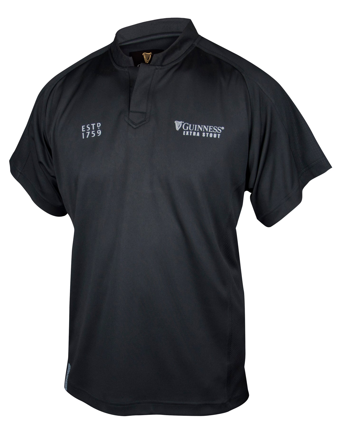 An All Black Rugby Jersey with a white logo of Guinness branding on it.