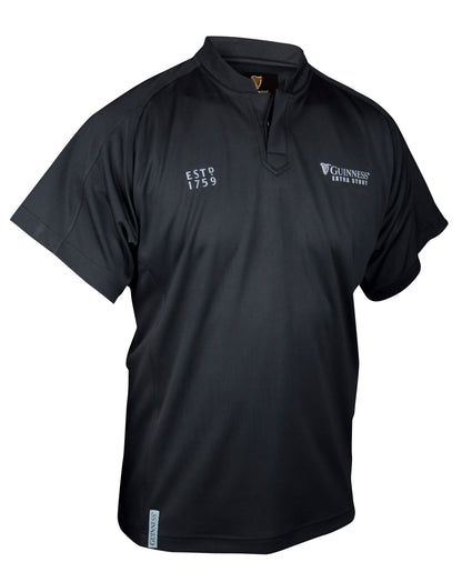 An all black rugby jersey with the Guinness UK trademark logo on it.