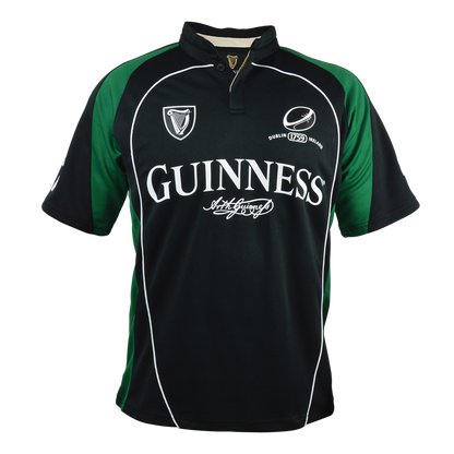 A black and green Guinness UK short sleeve performance rugby jersey.