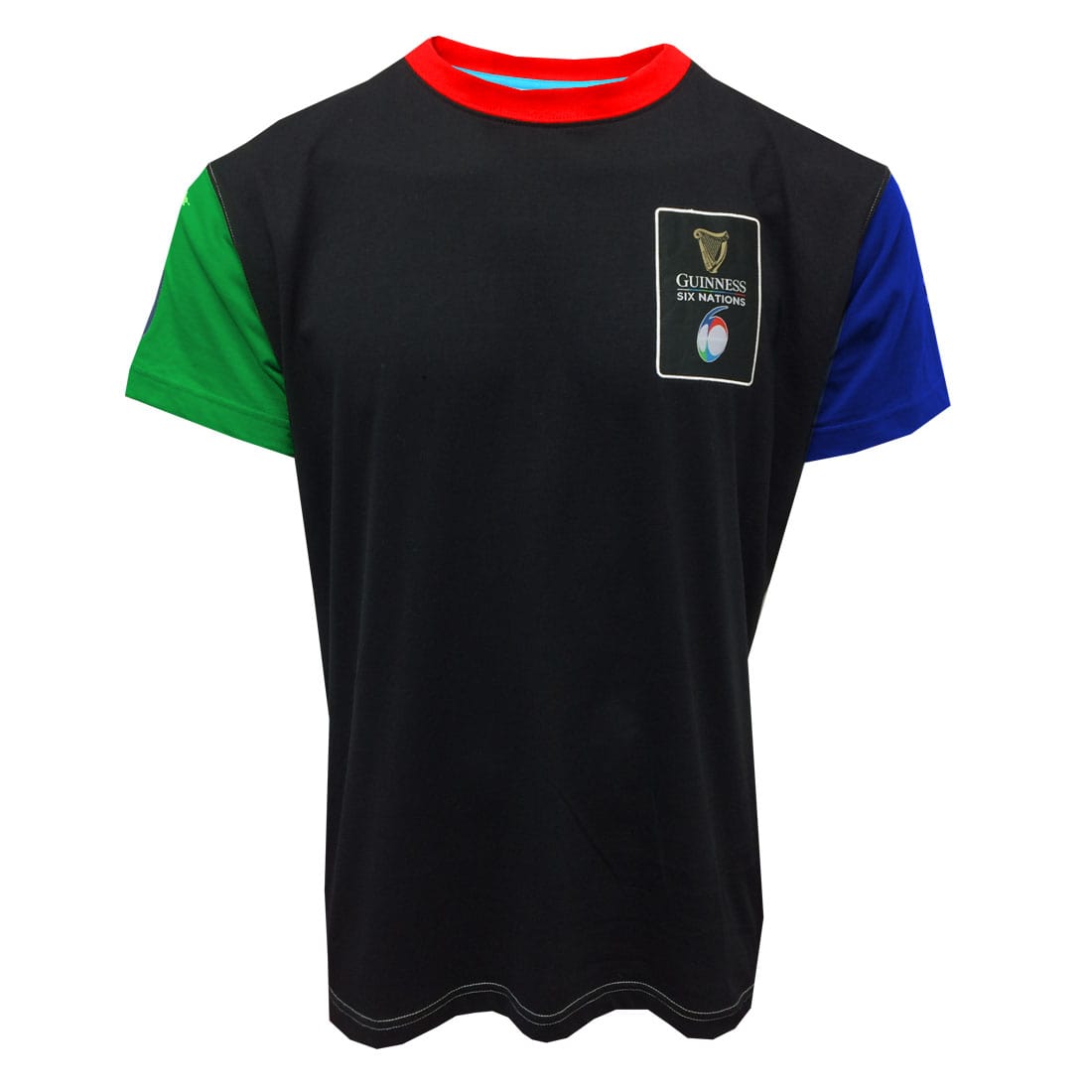 A black Six Nations Premium Colour Block T-Shirt featuring the Ireland flag, perfect for showing support during Rugby's Greatest Championship and the Guinness UK Six Nations.