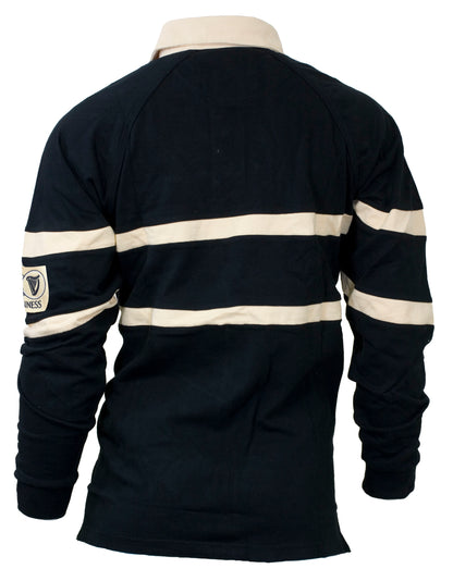 The back view of a black and beige Guinness Traditional Rugby Jersey made of cotton.