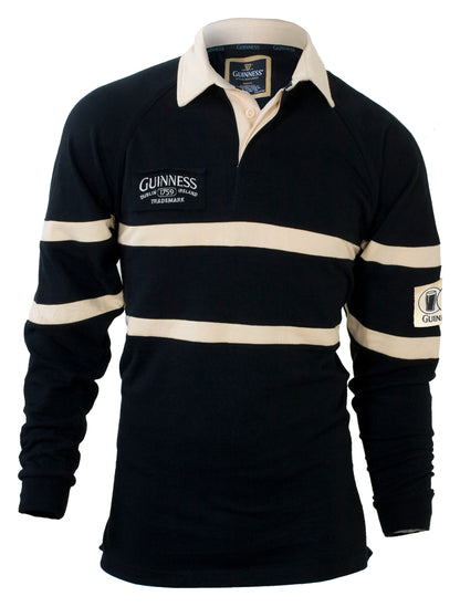 A Traditional Rugby Jersey with a black and beige stripe by Guinness.