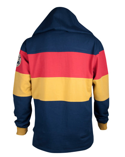 The back of a Guinness Hooded Rugby Jersey with blue, yellow and red stripes.