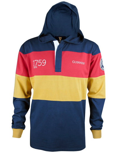 A red, yellow and blue Guinness Hooded Rugby Jersey.