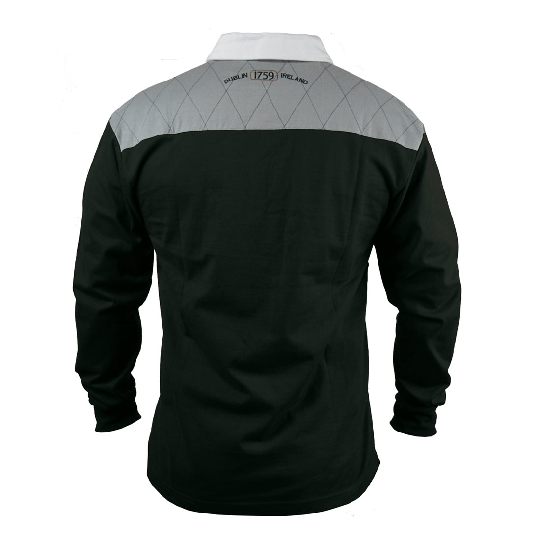 The back view of a Guinness Heritage Charcoal Grey and Black Long Sleeve Rugby Jersey made from 100% cotton by Guinness UK.