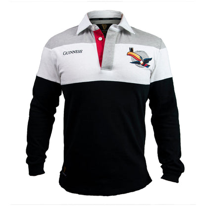 A Guinness UK branded men's Guinness Toucan Rugby Jersey with a red, white and black design.
