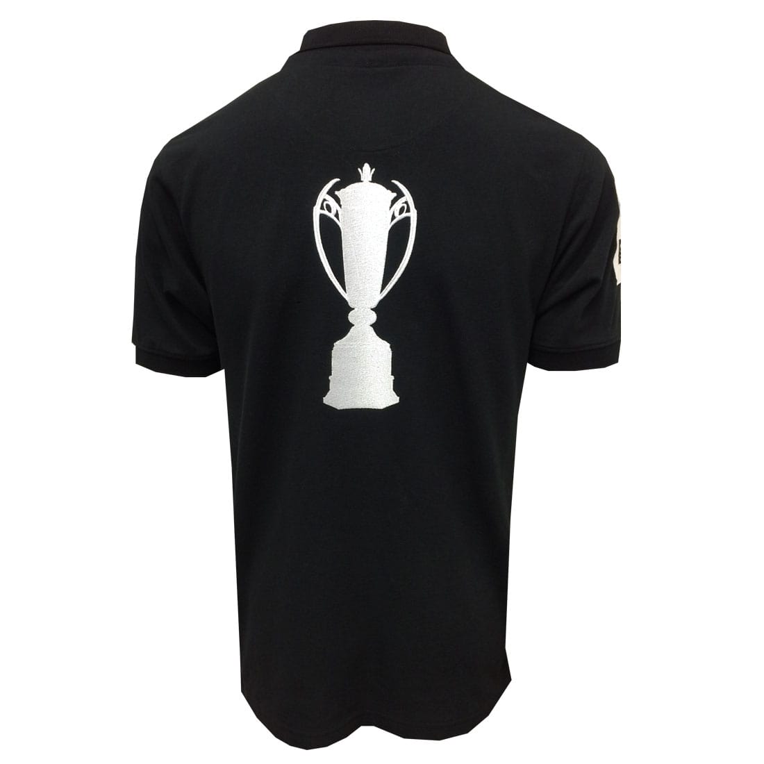 The back of a Six Nations Black Polo shirt with a white Guinness UK cup on it.