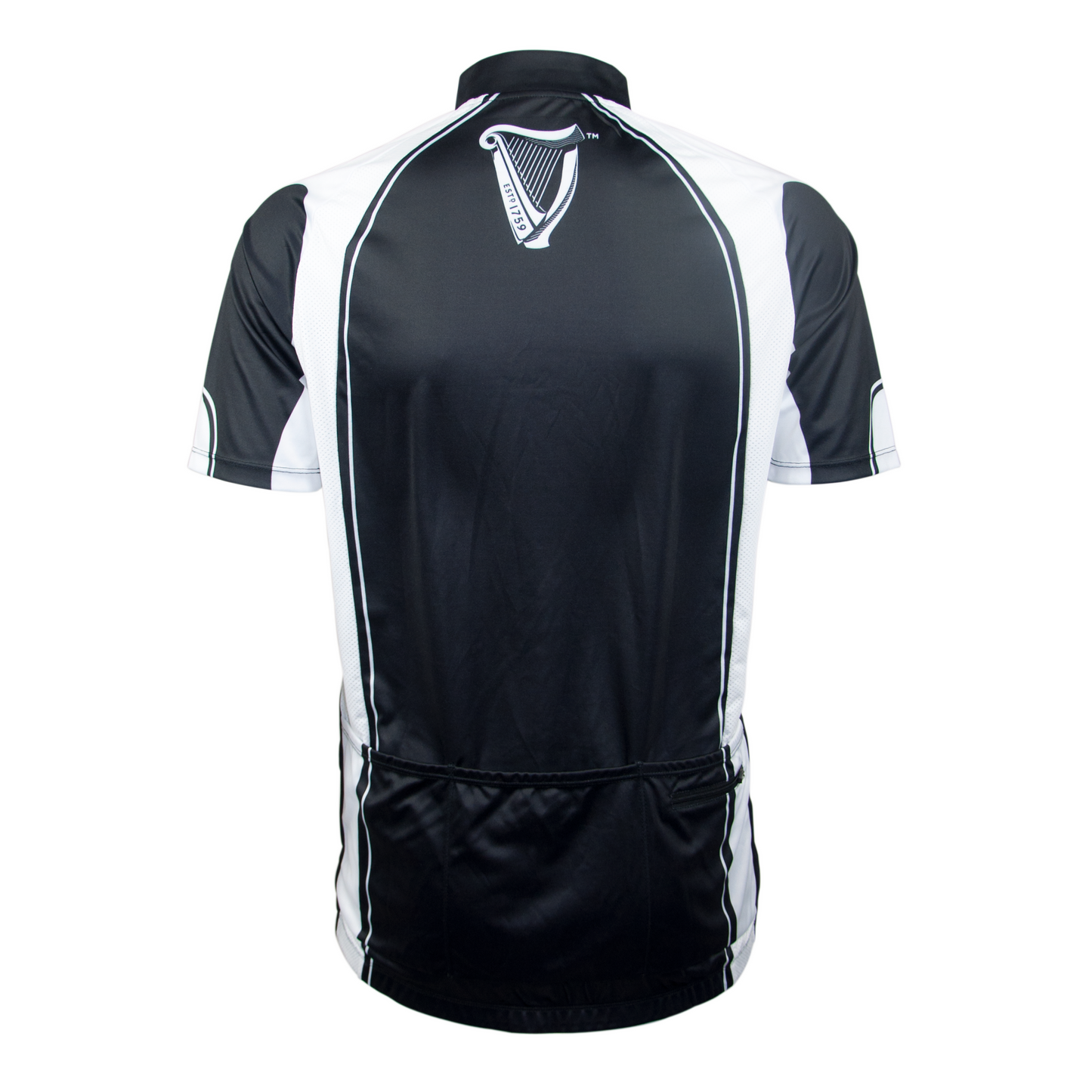 The back view of a men's black and white Guinness UK Performance Cycling Jersey made of polyester.