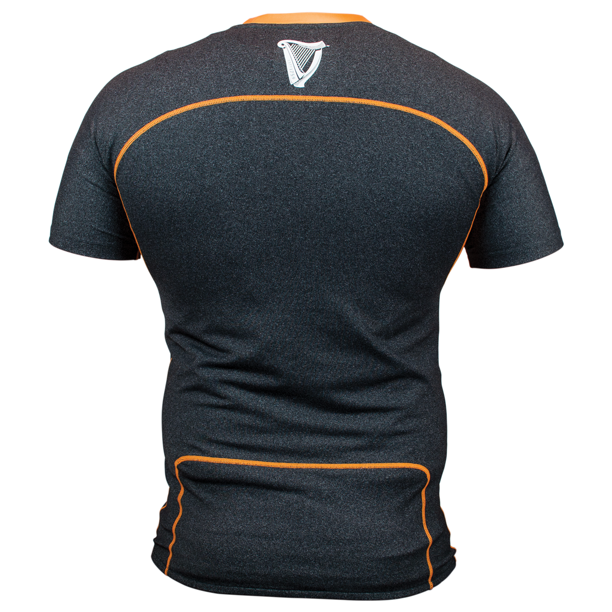 The back view of a Guinness UK grey compression top.