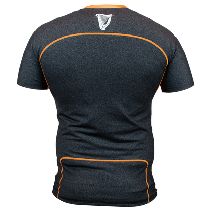 The back view of a Guinness UK grey compression top.