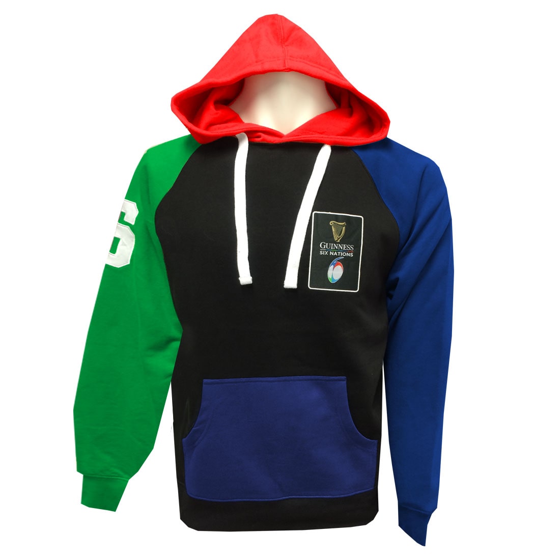 A Six Nations Colour Block Hoodie featuring the Ireland flag, perfect for Guinness UK fans.