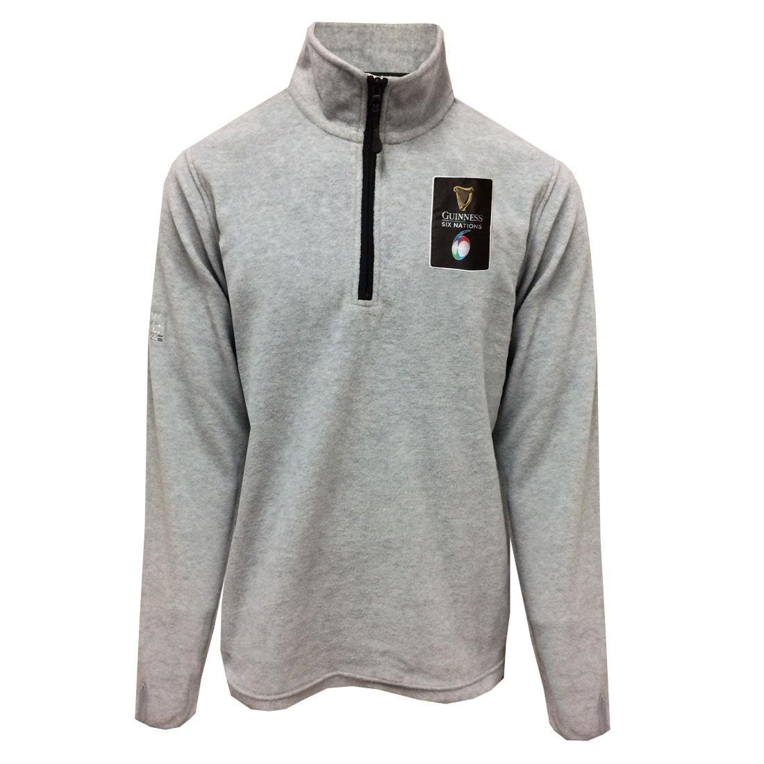 The men's Six Nations Grey Half Zip Fleece pullover featuring the Guinness logo.