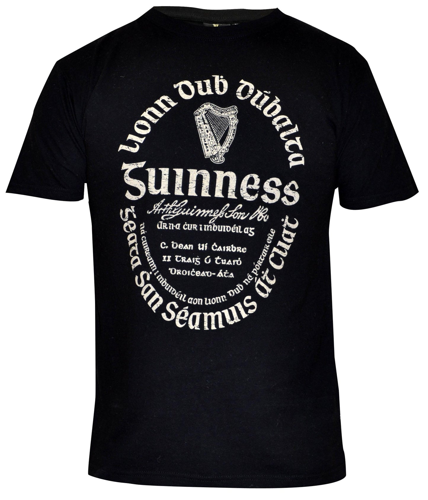 The Guinness® Distressed Gaelic Label T-Shirt by Guinness UK features a circular front design with the official logo, harp graphic, and stylized English and Gaelic text.