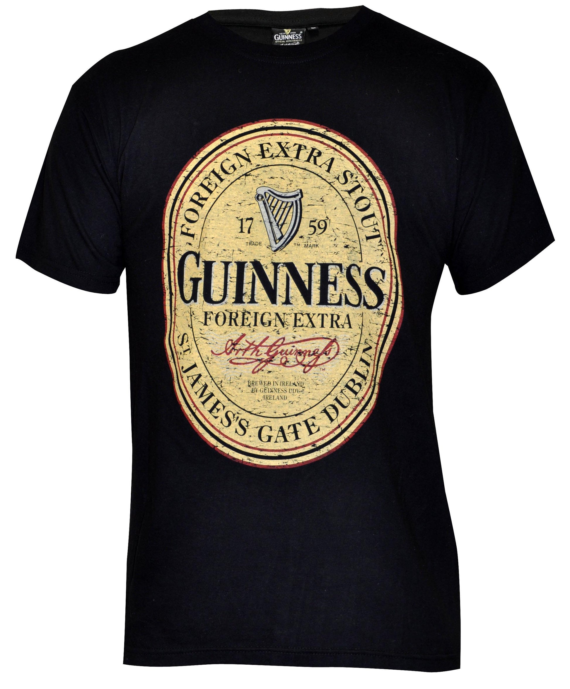 Distressed English label Guinness® beer t-shirt made with 100% cotton tee.