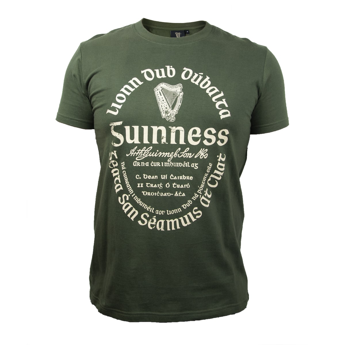 The Guinness UK Khaki Green Gaelic Label Tee is a unisex cotton shirt with the iconic Trademark Label, a white harp, and Irish text on the front.
