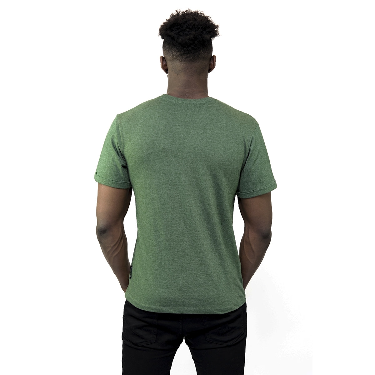 The back view of a man wearing a Guinness Green Vintage Heathered Harp T-Shirt by Guinness UK.