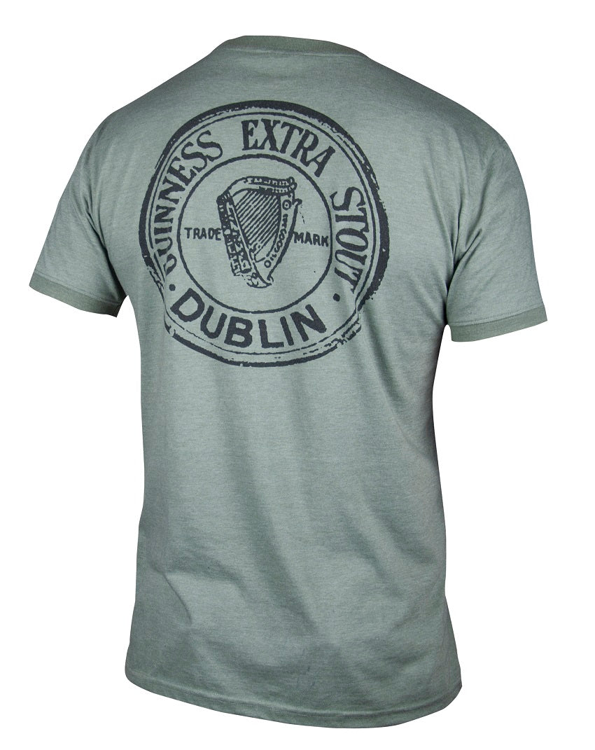 The back of a Green Heathered Bottle Cap T-Shirt from Guinness UK that says dublin extra show.