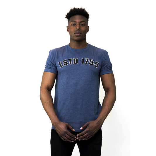 A man wearing a Navy Heathered EST 1759 T-Shirt by Guinness UK.