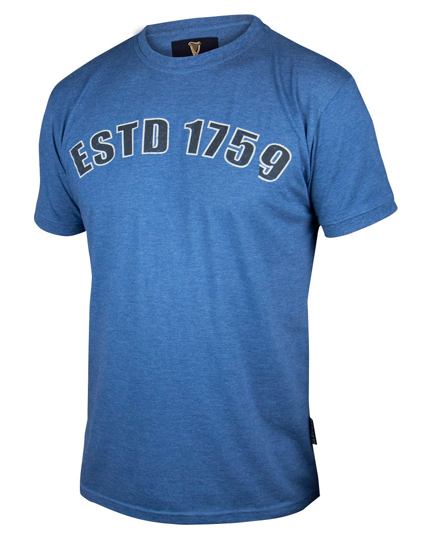 A navy heathered Guinness UK EST 1759 t-shirt with the word estd 1759 on it.