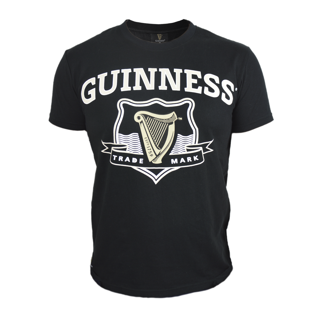 Guinness UK's Guinness Black Trademark Label T-Shirt, made of 100% cotton, features the Guinness Trademark logo.