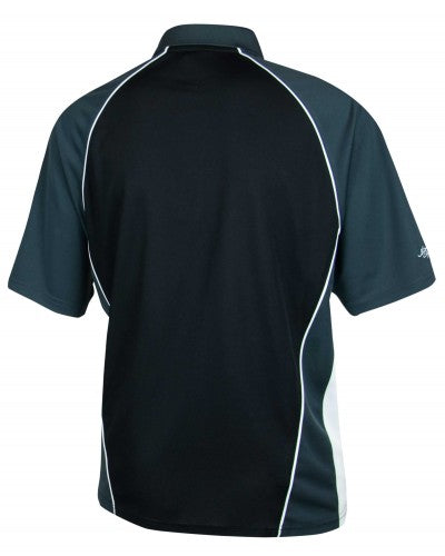 Back view of a Guinness Golf Shirt, a black short-sleeved performance polo with white piping details. Crafted from moisture-wicking fabric, it's perfect for staying comfortable on warm days.