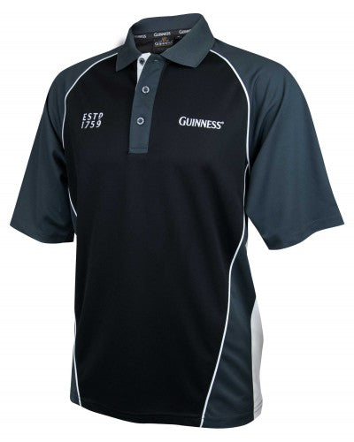 Introducing the Guinness Golf Shirt, a sleek black and white performance polo featuring "ESTD 1759" on the left chest and "GUINNESS" on the right chest, crafted from moisture-wicking fabric. Perfect for golf enthusiasts.