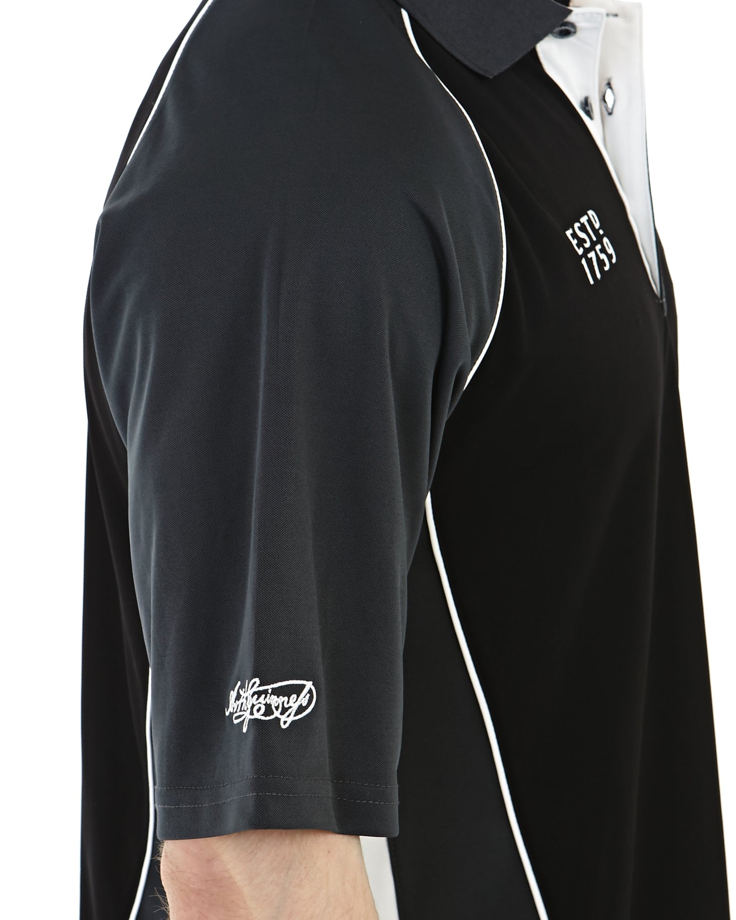 A close-up of a person's upper torso wearing a black Guinness Golf Shirt with white piping. The moisture-wicking fabric ensures comfort, while "ESTD 1753" adorns the chest and a logo graces the left sleeve.