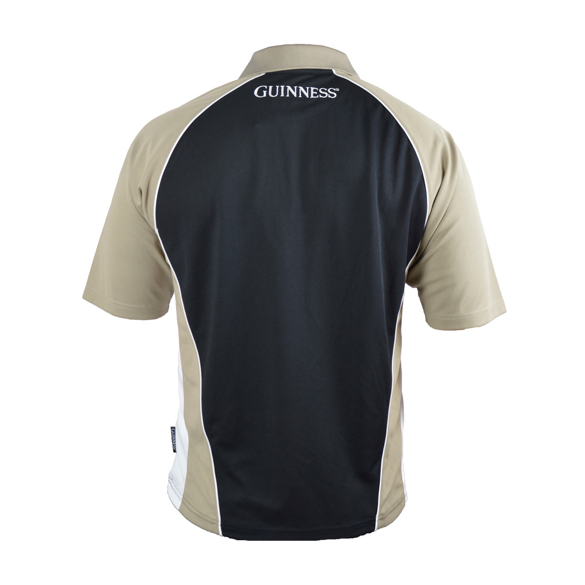 The back of a men's Guinness UK Performance Panelled Golf Shirt made with moisture wicking fabric.
