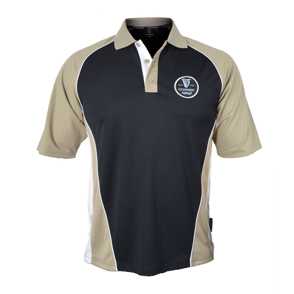 The Guinness UK men's black and tan golf polo shirt, made with moisture wicking fabric.