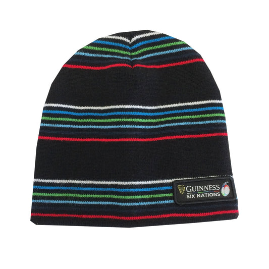 A Guinness 6 Nations Multistripe Knit Hat with a multi-colored stripe, made by Guinness UK.