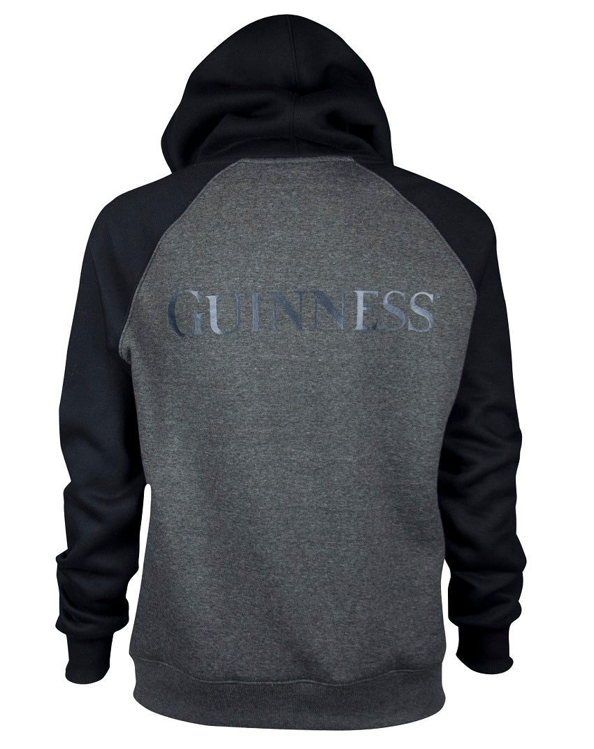 Guinness Hoodie with Bottle Pocket featuring a bottle pocket in black and grey.