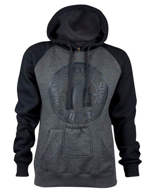 A women's grey and black Guinness Hoodie with Bottle Pocket.