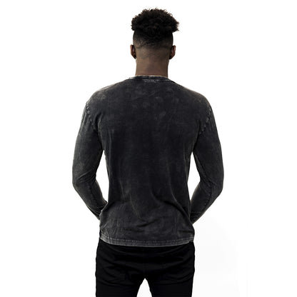 The back view of a man wearing a black Guinness UK Classic Henley t-shirt.
