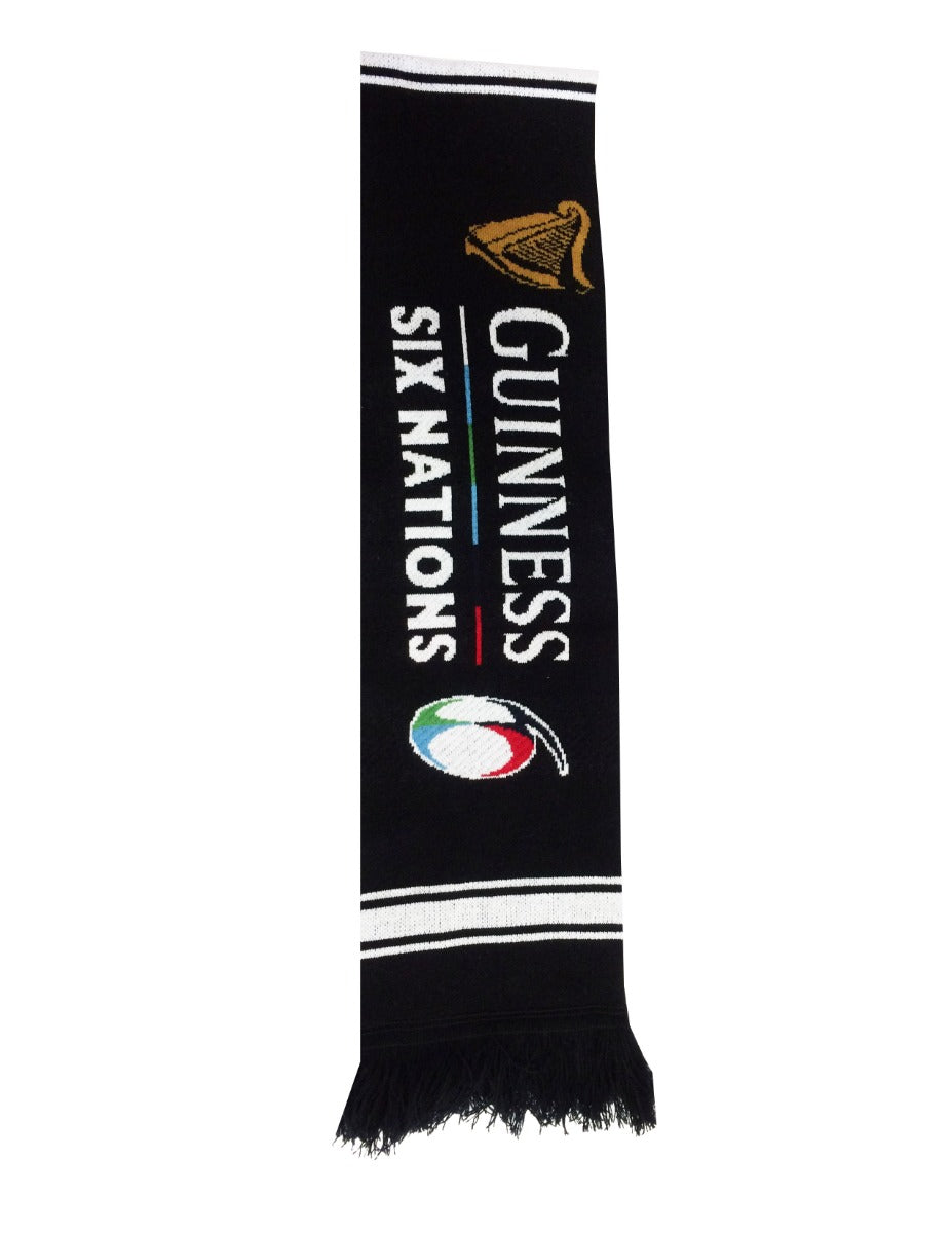 A black Guinness Six Nations Scarf with the Guinness UK logo on it.