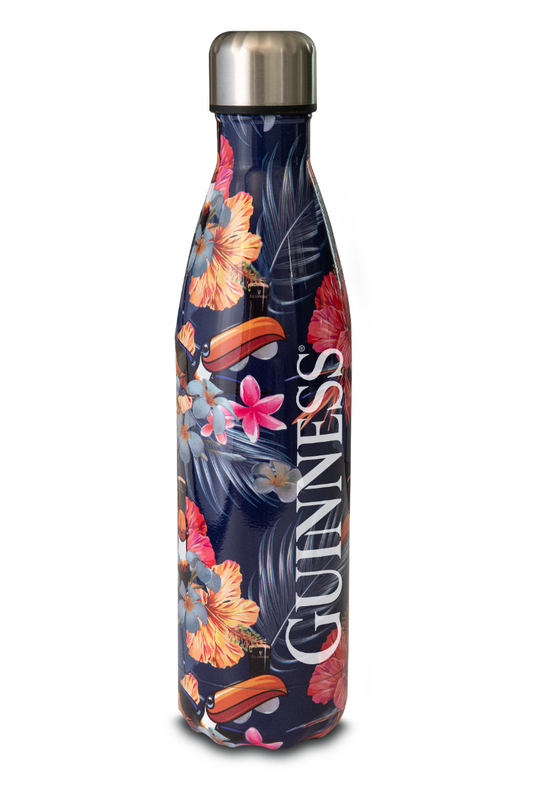 Reusable Guinness Toucan Hawaiian stainless steel water bottle adorned with Hawaiian hibiscus.