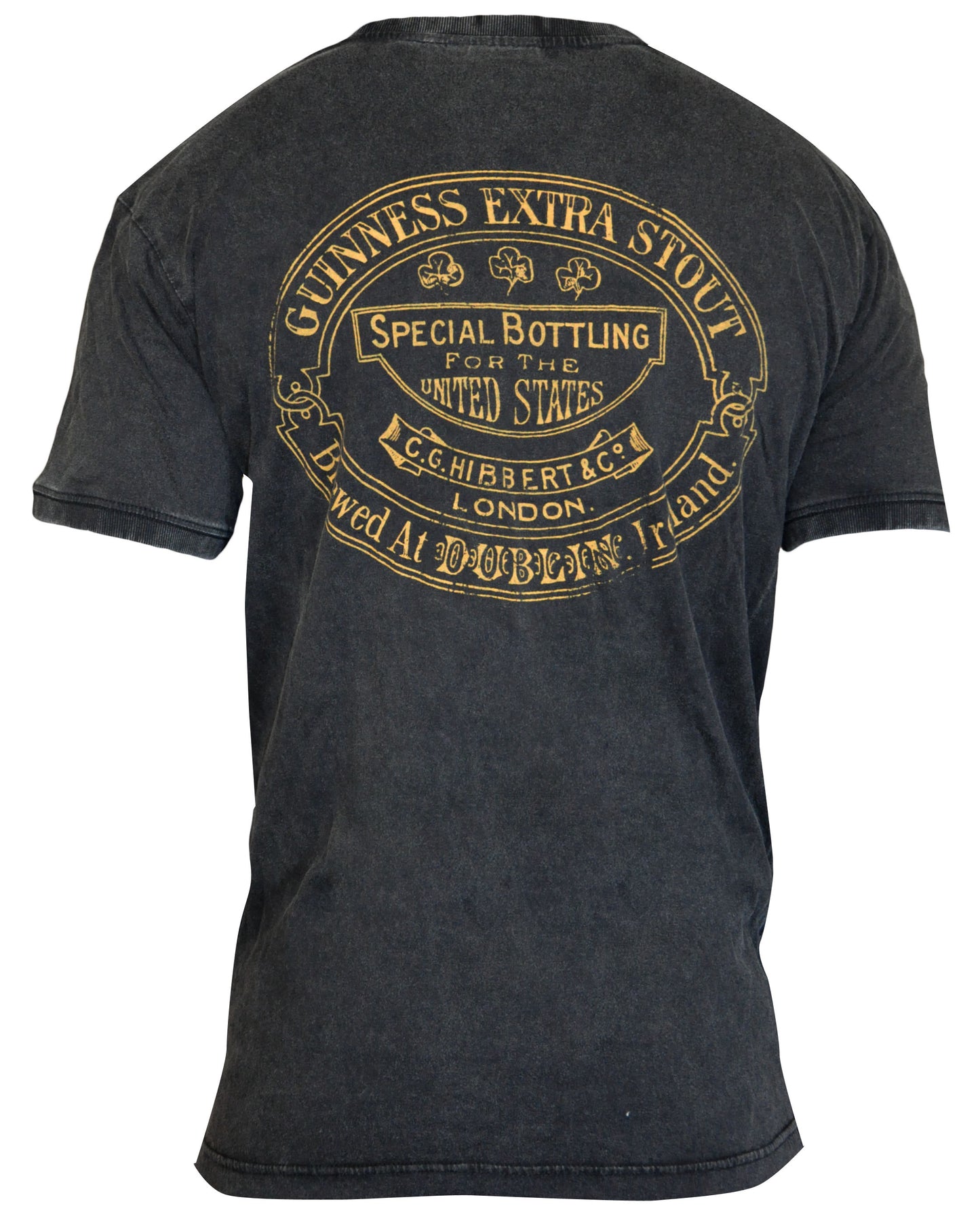The distressed back of a Guinness Distressed Trademark Label T-Shirt featuring the Guinness trademark.