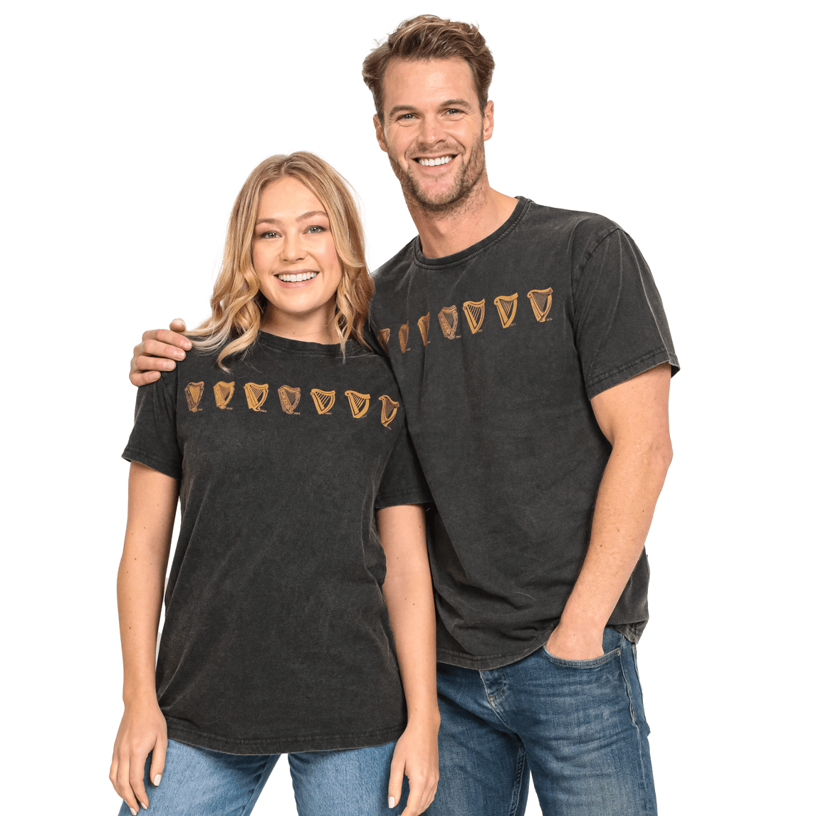 A man and woman standing next to each other wearing Guinness UK Evolution Harp Tee black cotton t-shirts.