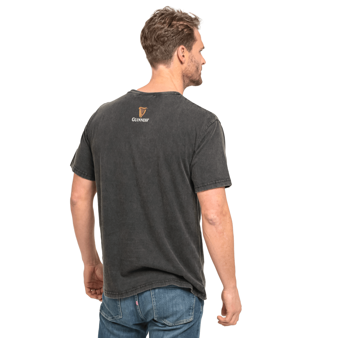 The man's back showcased a stylish Guinness UK Evolution Harp Tee, made of cotton fabric.