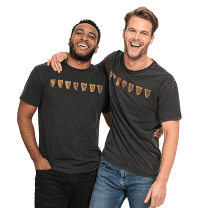 Two men wearing black Evolution Harp Tee cotton t-shirts and smiling.
