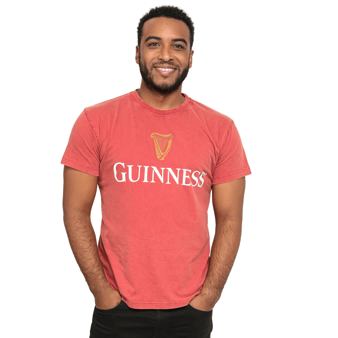 A man wearing a Guinness UK Premium Harp Red T-shirt.