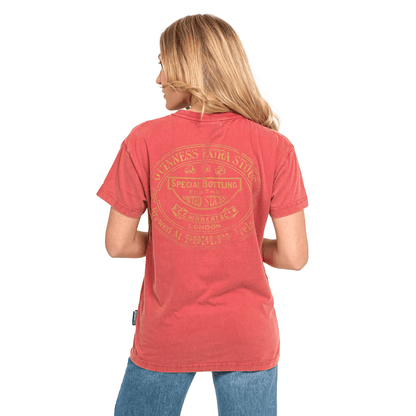 The premium back view of a woman wearing a red Guinness UK Harp Red T-Shirt.