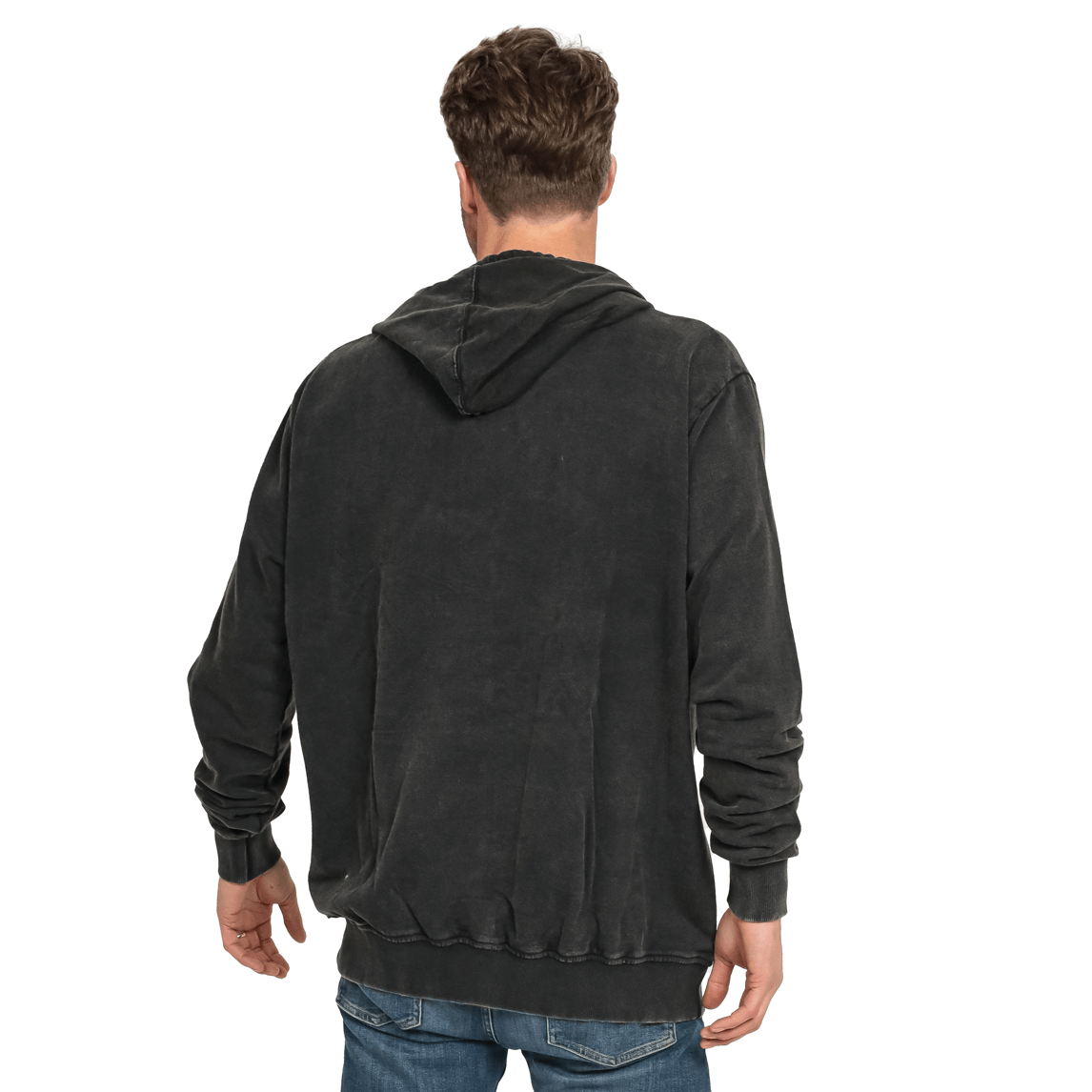 The back of a man wearing a black Guinness UK Harp Hoodie and jeans.