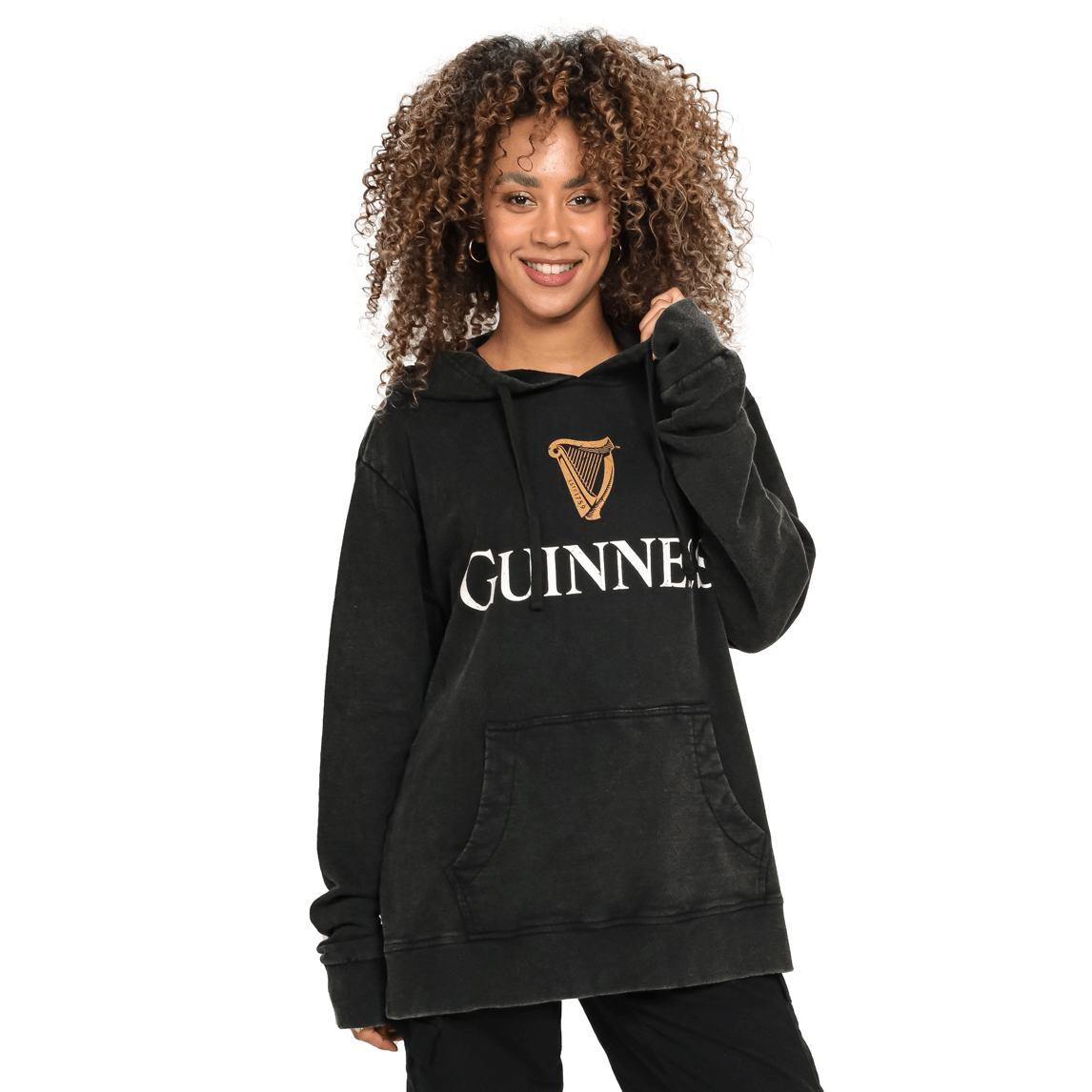 A woman wearing a Guinness UK Premium Harp Hoodie.