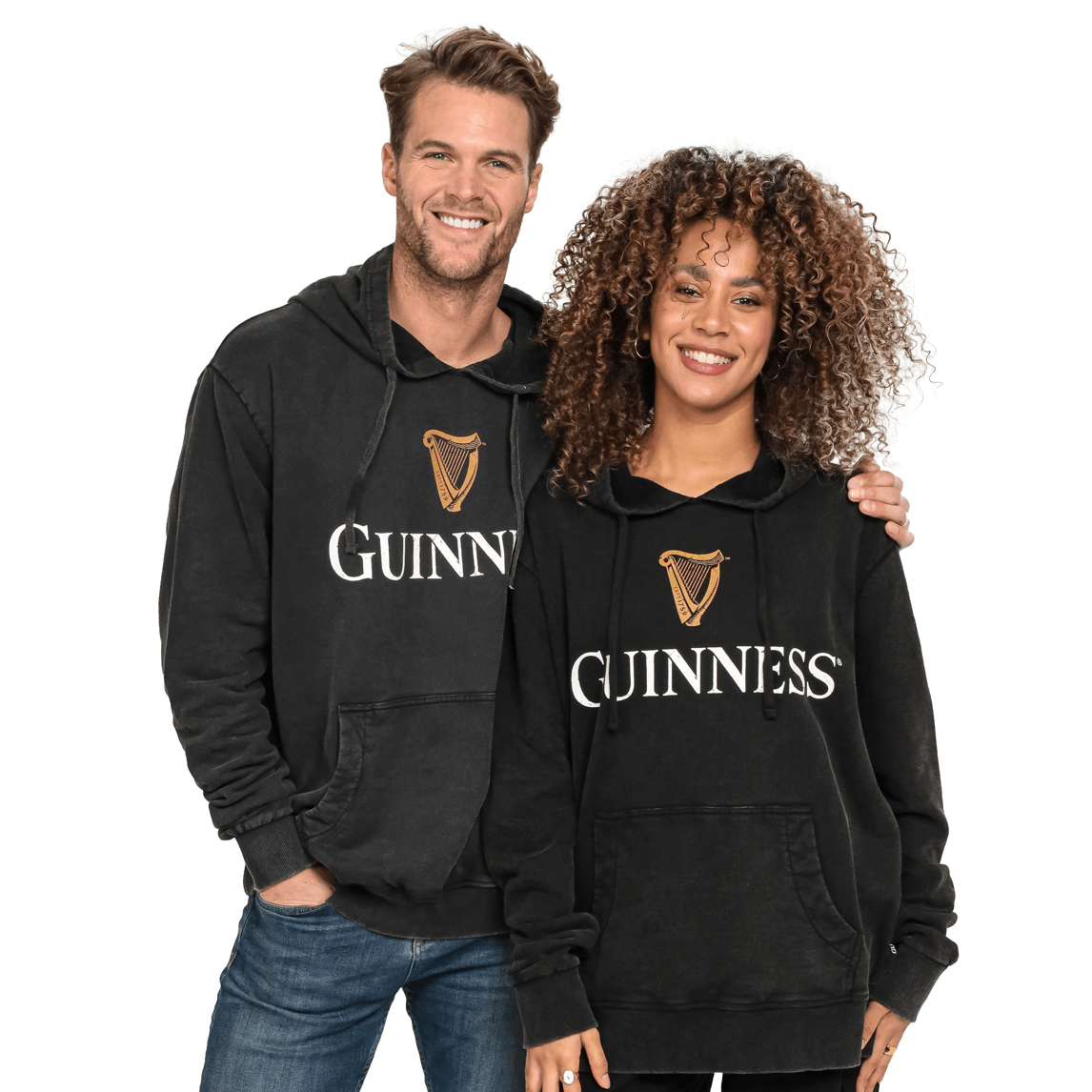 Man and woman sporting Guinness UK Premium Harp Hoodies.