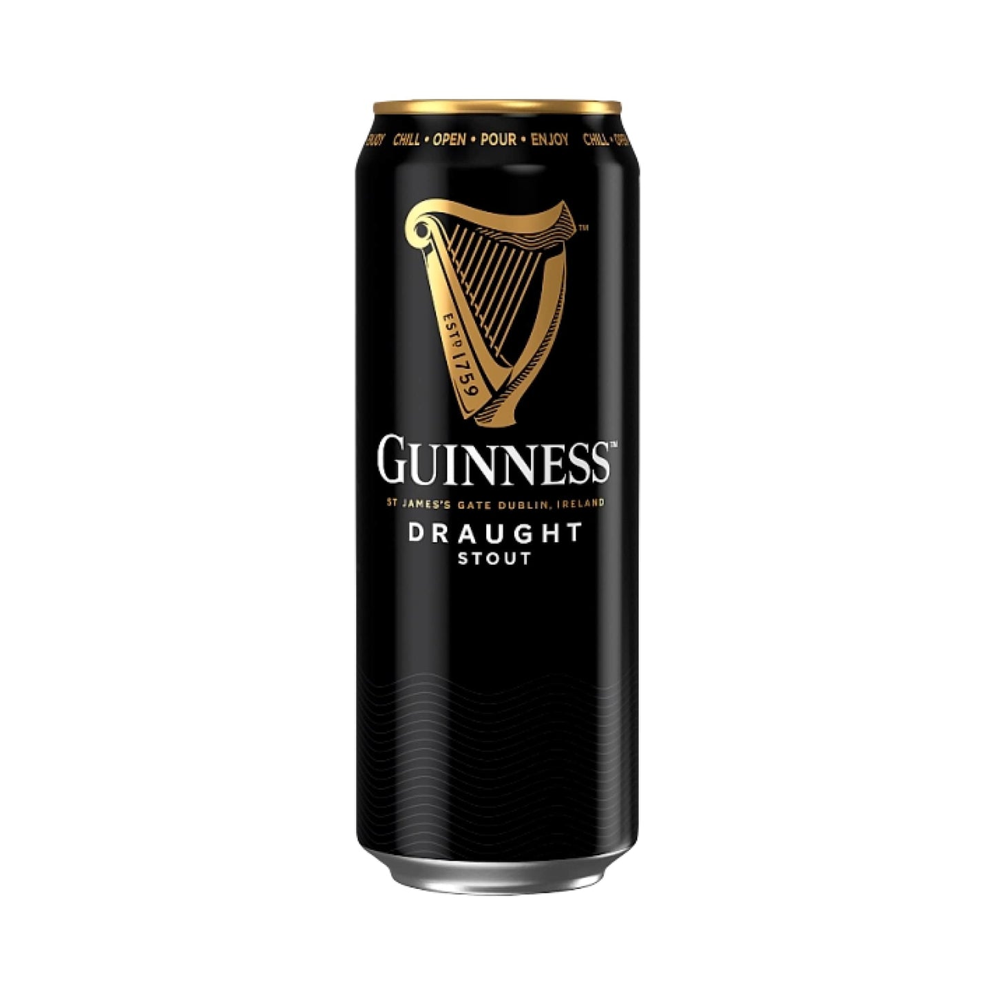 Guinness UK pint glass + can of Guinness draught beer on a white background.