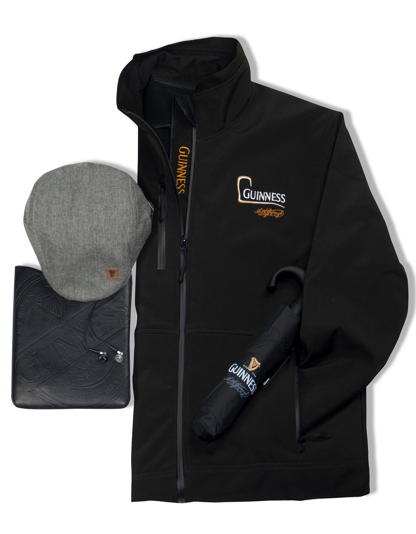 A black jacket with a Guinness Gents Contemporary Umbrella and hat.