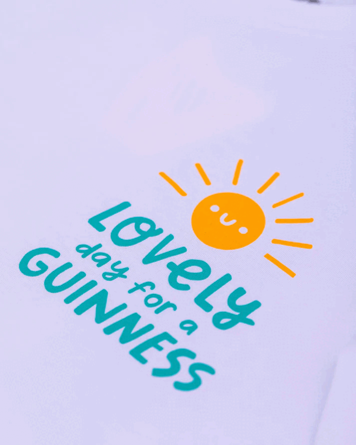 Lovely summer FATTI BURKE "LOVELY DAY FOR A GUINNESS" ICE CREAM TEE mockup from Guinness Webstore UK.