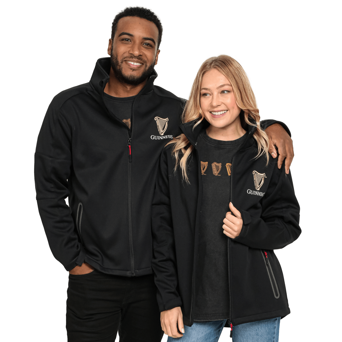 A man and woman are posing for a photo in a Guinness UK waterproof jacket.