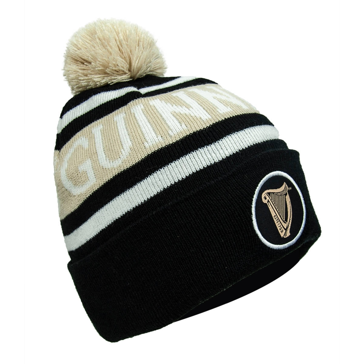 A warm Guinness UK Black and White Premium Beanie with a pom pom.