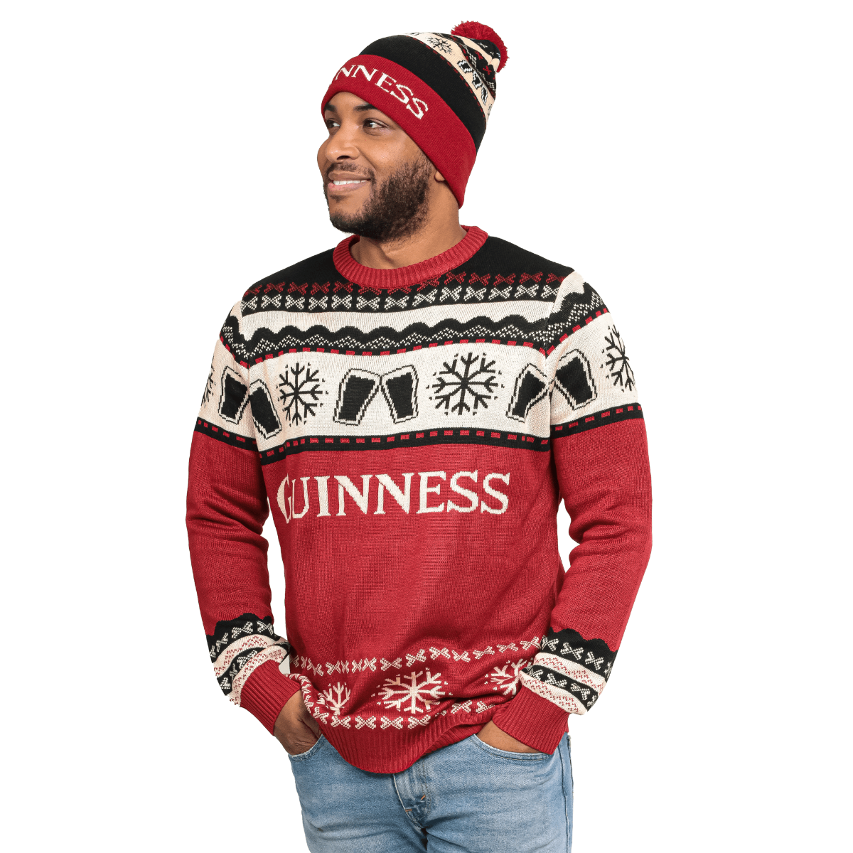 A man wearing a Guinness UK sweater and Official Pint Winter Beanie hat.